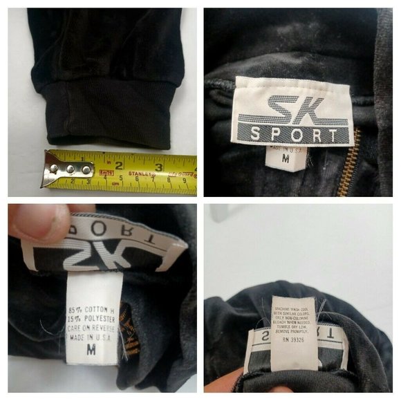 Vintage SK Sport Velour Jacket Medium Black -70s -Gold Greek Accent -Zip Up - Picture 10 of 14